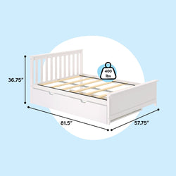 White wooden platform bed frame with slatted headboard and under-bed storage drawers, 400 lb weight capacity, dimensions 81.5 in L x 57.75 in W x 36.75 in H on light blue background
