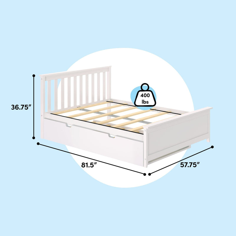 White wooden platform bed frame with slatted headboard and under-bed storage drawers, 400 lb weight capacity, dimensions 81.5 in L x 57.75 in W x 36.75 in H on light blue background