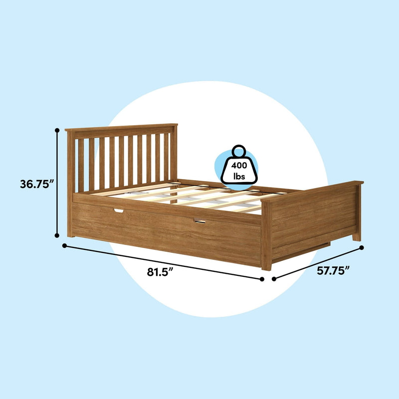 Wood platform bed frame with slatted headboard and under-bed storage, dimensions 81.5 x 57.75 x 36.75 inches, 400 lb weight capacity