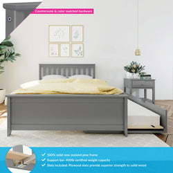 Gray solid New Zealand pine platform bed with pull-out trundle and plywood slats, 400 lb support bar, styled with yellow polka-dot duvet and matching gray nightstand in modern bedroom setting