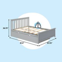 Grey full-size platform bed frame with slatted headboard and under-bed storage drawer, 400 lb weight capacity, dimensions 81.5 in L x 57.75 in W x 36.75 in H