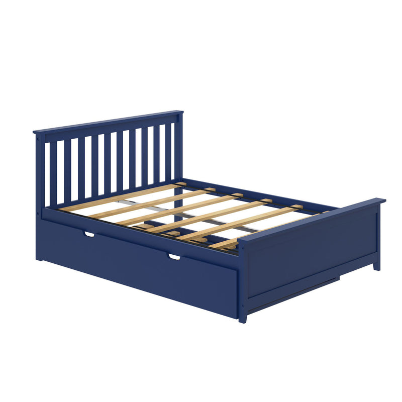 Navy blue wooden platform bed frame with slatted headboard, exposed wooden mattress slats and under-bed storage drawer, modern farmhouse bedroom furniture