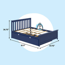 Navy blue wooden platform bed frame with slatted headboard and under-bed storage drawers, 400 lb capacity, dimensions 81.5 x 57.75 x 36.75 in