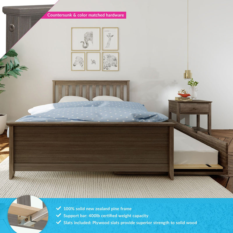 Solid New Zealand pine platform bed frame in gray finish with slatted headboard, under-bed storage drawer, matching nightstand and blue polka-dot bedding — product shot highlighting countersunk color-matched hardware and 400 lb support bar