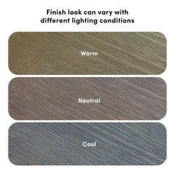 Wood finish samples showing warm, neutral, and cool tones under different lighting conditions with diagonal textured grain pattern