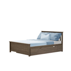 Queen-size walnut wood platform bed with headboard and under-bed storage drawers, styled with light blue linens and pillows, modern bedroom furniture