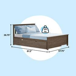 Brown wood platform bed with headboard and under-bed storage drawer, shown with mattress and blue bedding, dimensions 81.5" L × 57.75" W × 36.75" H, 400 lb weight capacity — modern storage bed for bedroom