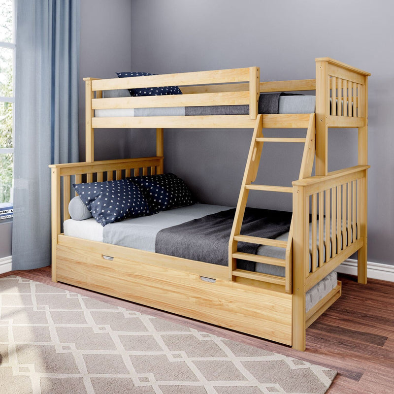 Solid pine twin-over-full bunk bed with built-in ladder and underbed trundle in modern kids' bedroom with navy star pillows and gray walls