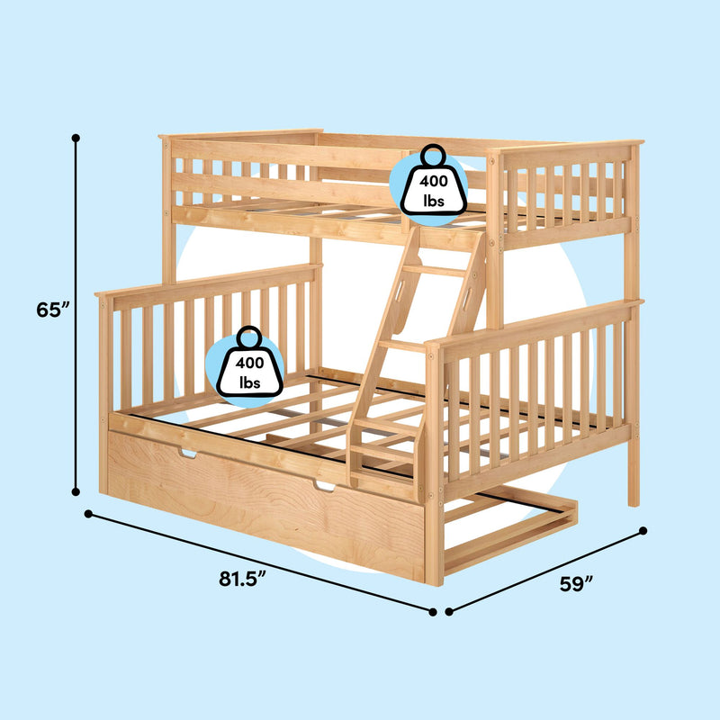 Natural wood twin-over-full loft bunk bed with ladder and pull-out trundle, 81.5" L × 59" W × 65" H, 400 lb weight capacity per bunk