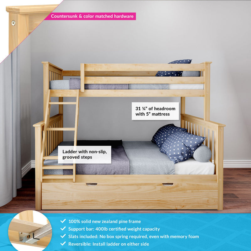 Solid pine bunk bed twin-over-twin with ladder and grooved non-slip steps, underbed storage drawer, safety rails and natural wood finish for kids' bedroom
