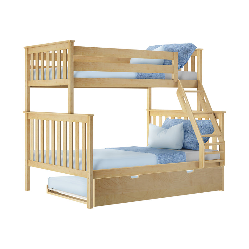 Light wood twin-over-twin bunk bed with safety rails, angled ladder and under-bed trundle, dressed in blue bedding for kids' bedroom