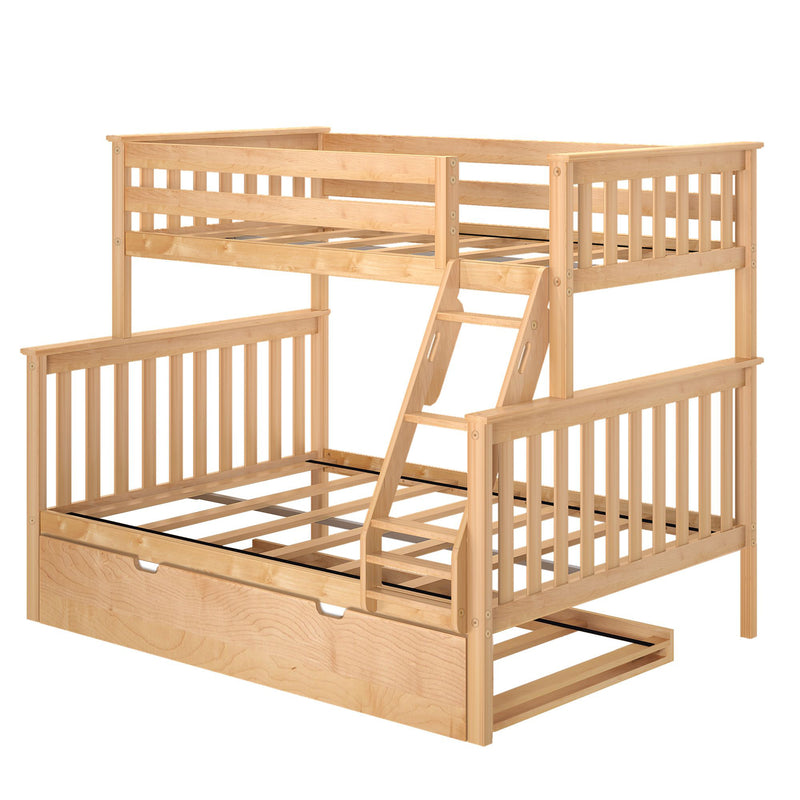Solid wood loft bunk bed with ladder, slatted guardrails and pull-out under-bed storage drawer in natural maple finish