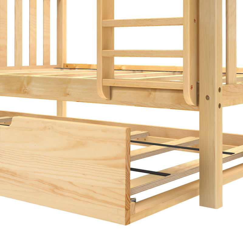 Close-up of natural pine bunk bed frame with slatted mattress base, integrated ladder rungs, sturdy corner posts and visible fasteners