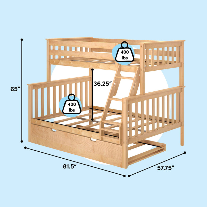 Solid wood twin-over-full loft bunk bed in natural finish with built-in ladder, slatted guardrails and pull-out storage drawer, 400 lb weight capacity per bunk, dimensions 81.5 in x 57.75 in x 65 in