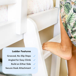 White wooden bunk bed ladder with grooved no-slip steps and secure hook attachment, angled for easy climb as a child’s bare foot steps up