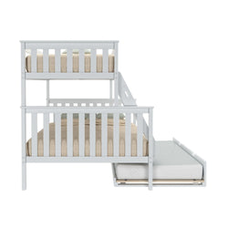 White wooden bunk bed with pull-out trundle mattress, side ladder and slatted rails, beige knit bedding — space-saving kids bedroom furniture