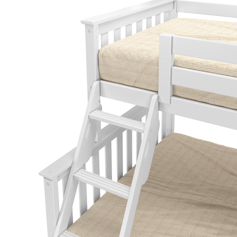 Close-up of white wooden bunk bed ladder and guardrail with beige waffle-textured mattress cover, modern kids bedroom furniture