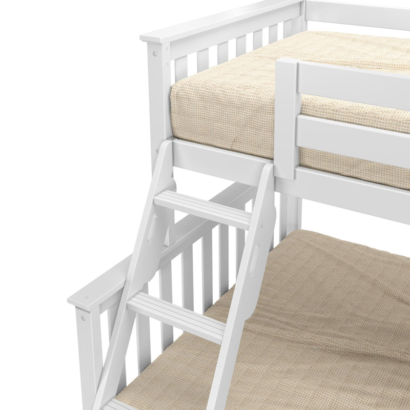White wooden loft bunk bed with ladder and beige textured mattress, modern kids' bunk with safety rails