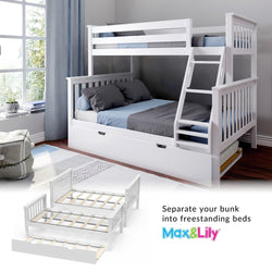 White wooden convertible bunk bed with ladder and pull-out trundle in modern kids bedroom, space-saving Max & Lily design that separates into two freestanding beds