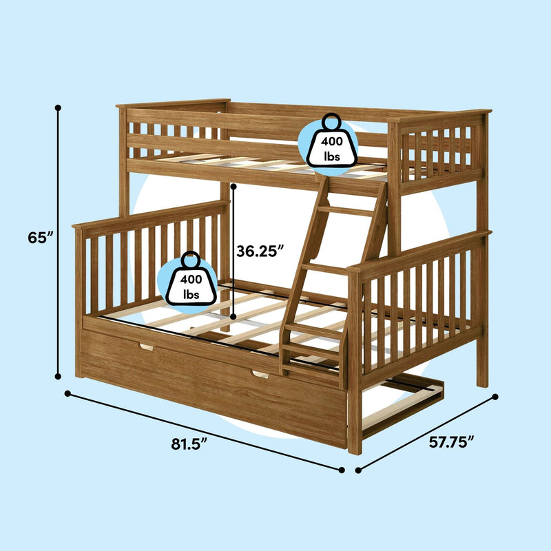 Twin-over-full wooden bunk bed with trundle and storage drawer, natural oak finish, ladder and guardrails, 81.5" L x 57.75" W x 65" H overall, 36.25" top clearance, 400 lb weight limit per bed