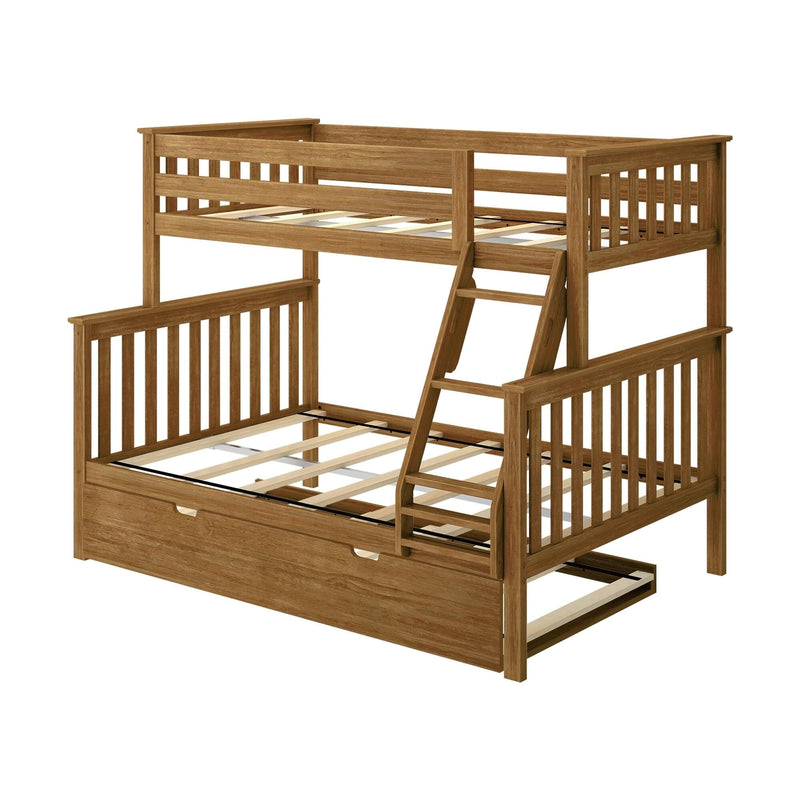 Oak-finish wooden twin-over-full bunk bed with angled ladder, slatted rails and pull-out storage trundle — space-saving kids and teens bedroom furniture
