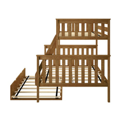 Solid wood bunk bed with pull-out trundle and built-in ladder, natural oak finish, slatted rails and platform support for mattresses