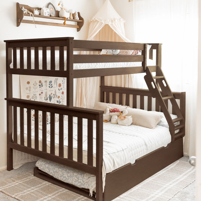 Dark wood bunk bed with ladder in neutral nursery, white canopy over top bunk, floral wall print and plush toys