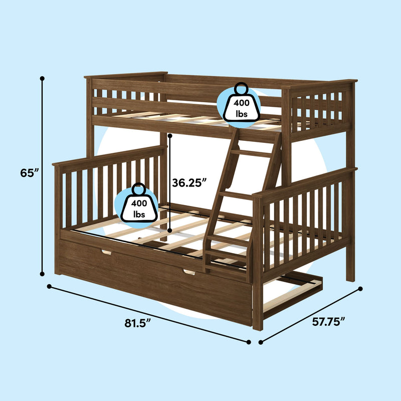 Twin-over-full wooden bunk bed with ladder and pull-out trundle, slatted guardrails, dark brown finish, 400 lb weight capacity, dimensions 81.5 in x 57.75 in x 65 in