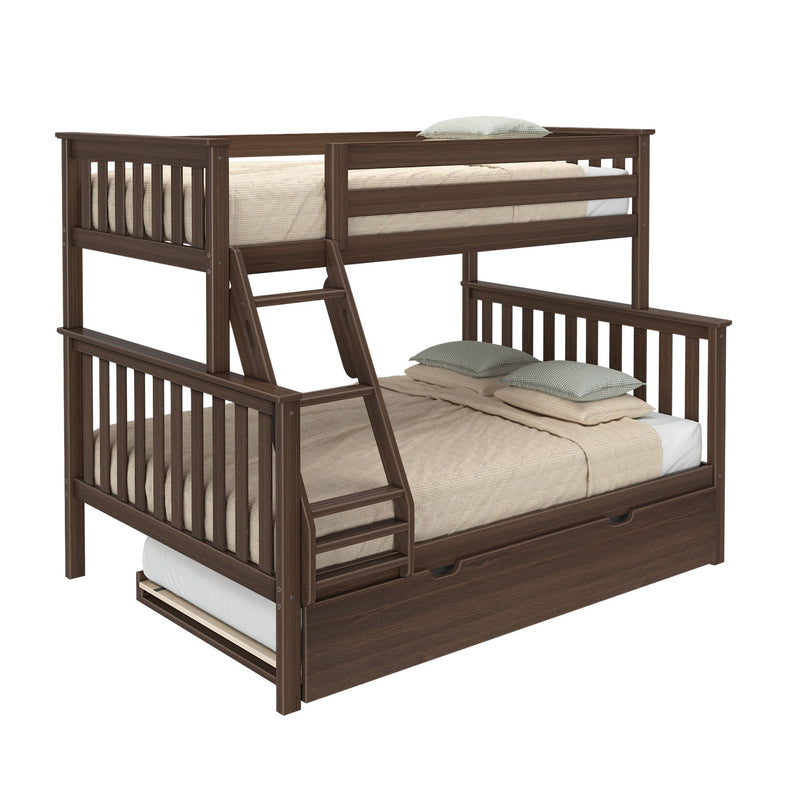 Dark walnut twin-over-full wooden bunk bed with ladder, under-bed trundle drawer, beige quilted bedding and green plaid pillows