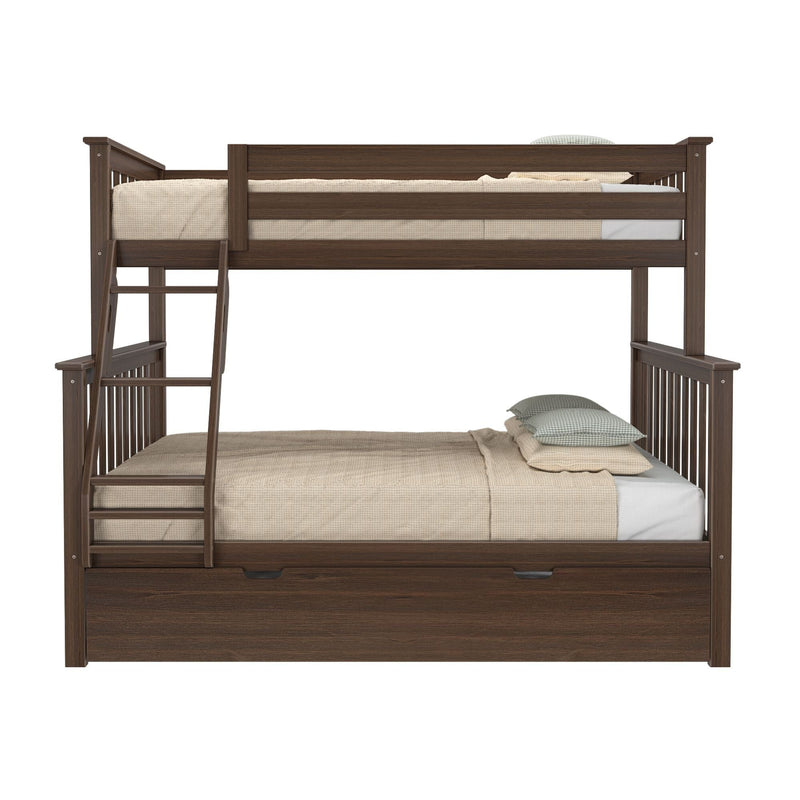 Dark walnut twin-over-full bunk bed with built-in ladder, under-drawer storage drawers, beige textured bedding and green checked pillows
