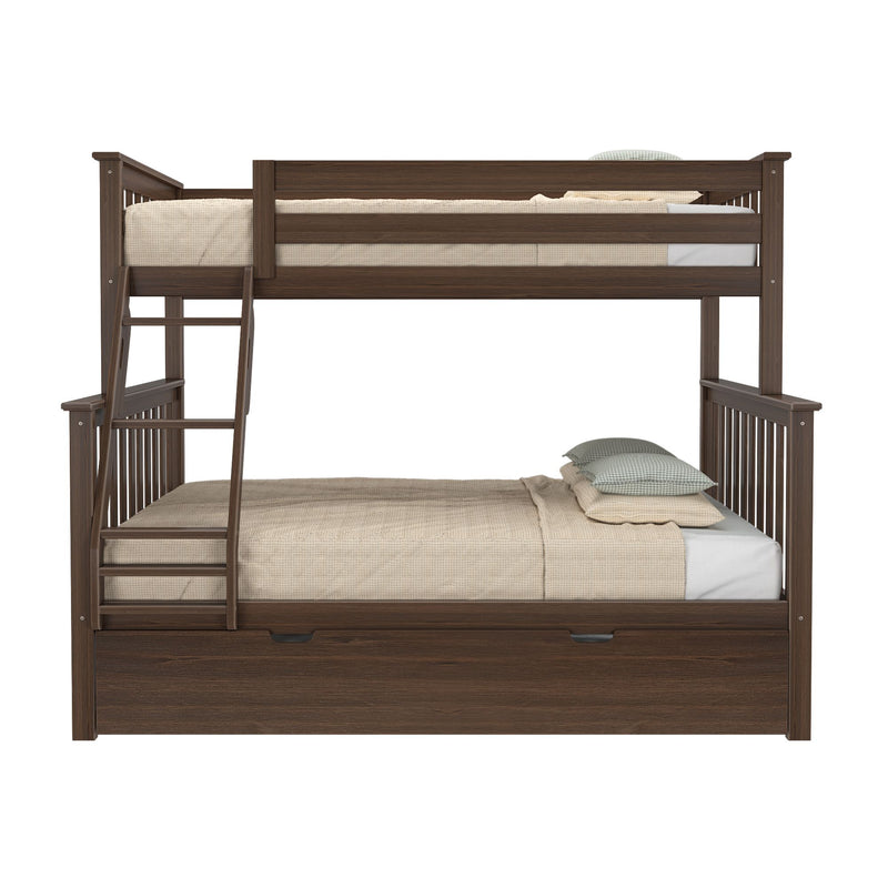 Dark walnut twin-over-full wooden bunk bed with ladder, slatted guardrails, under-bed storage drawer, beige textured bedding and green plaid pillows