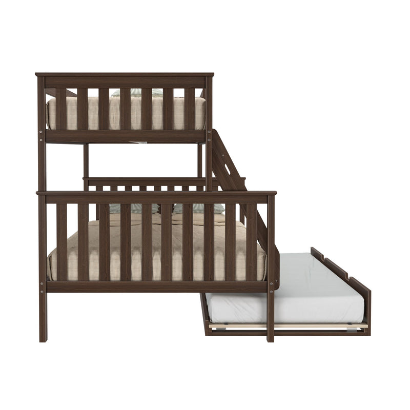 Dark brown wooden twin-over-twin bunk bed with built-in ladder, vertical slatted rails and beige bedding — modern rustic kids' bedroom furniture
