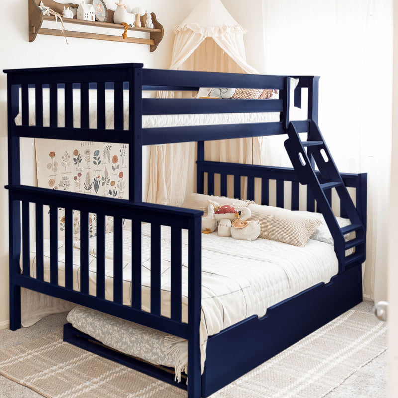 Navy blue wooden bunk bed in children's nursery with ladder, white bedding, beige canopy, floral wall art and plush toys