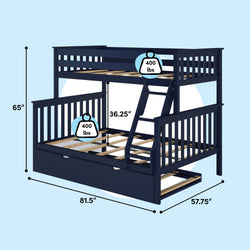 Navy blue wooden twin-over-full bunk bed with pull-out trundle and angled ladder, slatted guardrails, labeled dimensions 65" H × 81.5" L × 57.75" W and 36.25" lower clearance, 400 lb weight capacity per bed, ideal for kids' bedrooms