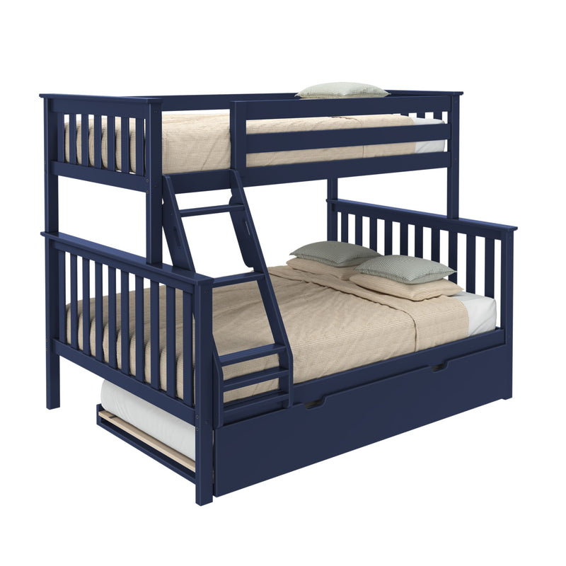 Navy blue wooden bunk bed with ladder, safety rails, beige bedding and pull-out trundle drawer, space-saving kids bedroom furniture