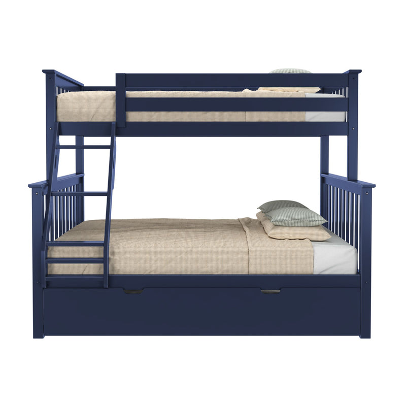 Navy blue solid wood twin-over-full bunk bed with ladder, safety guardrails and under-bed storage drawers, beige bedding and green-check pillows