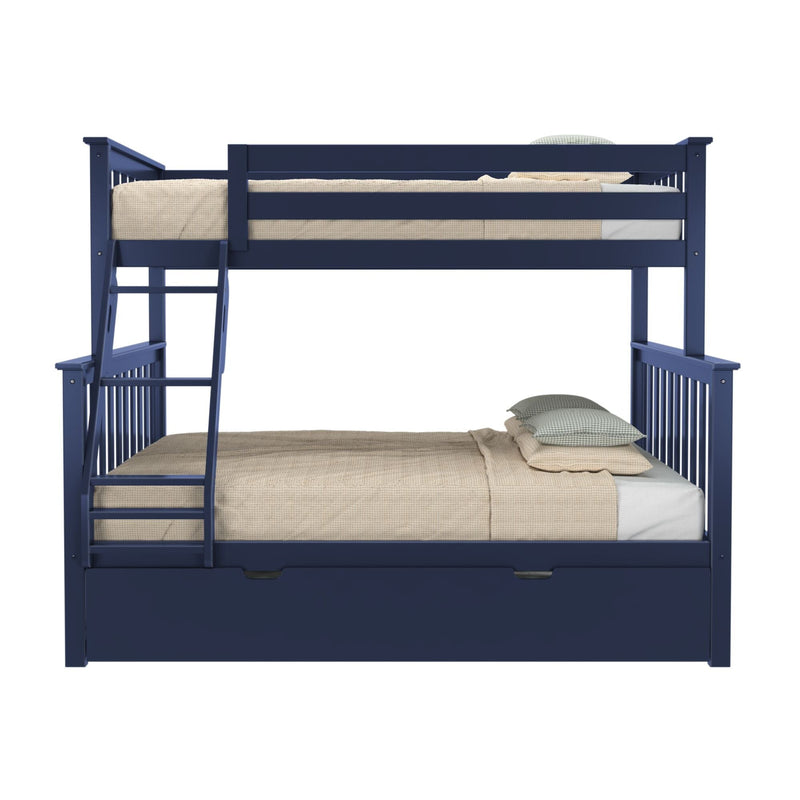 Navy blue wooden bunk bed with ladder, beige quilted bedding and pillows, and pull-out under-bed storage trundle on white background