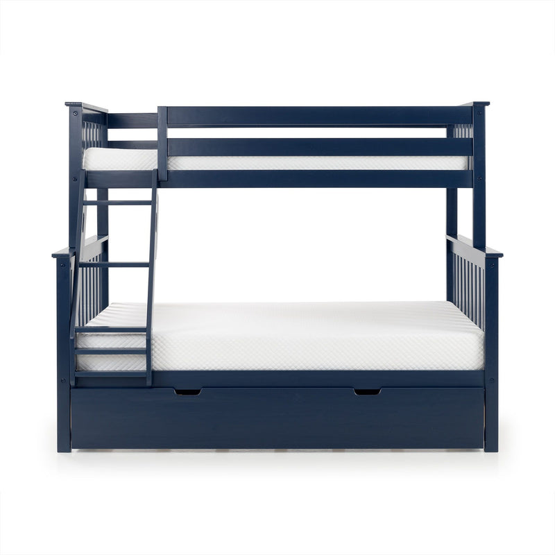 Navy blue wooden twin-over-full bunk bed with ladder and under-bed storage drawer, white mattresses on white background