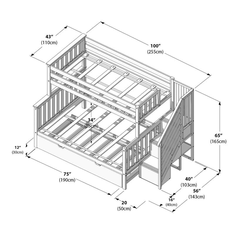 Isometric diagram of a wooden twin-over-full bunk bed with staircase, storage trundle and safety rails, annotated with measurements in inches and centimeters for length (100"/255cm), lower bed length (75"/190cm), width (43"/110cm), height (65"/165cm) and internal clearance (34"/85cm)