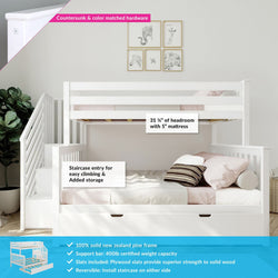 White wooden bunk bed with staircase entry, storage options, and 31 1/4" headroom, made from solid New Zealand pine, featuring a 400lb weight capacity and reversible staircase installation.
