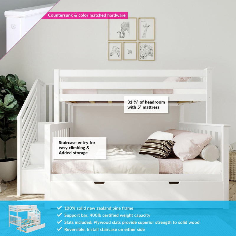 White solid pine bunk bed with staircase entry, built-in storage drawer and trundle, pink bedding and framed animal wall art in nursery — 31¼ inch headroom with 5 inch mattress and countersunk color-matched hardware