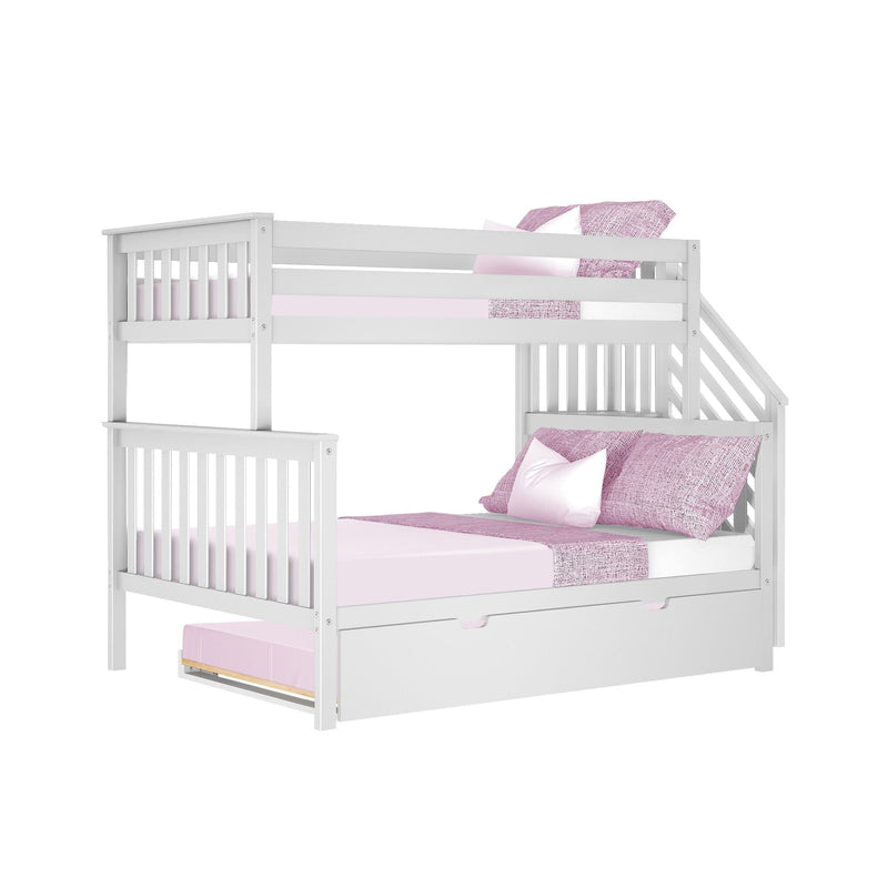 White wooden twin-over-full bunk bed with stairs, pull-out trundle drawer and pink bedding and pillows for kids' bedroom