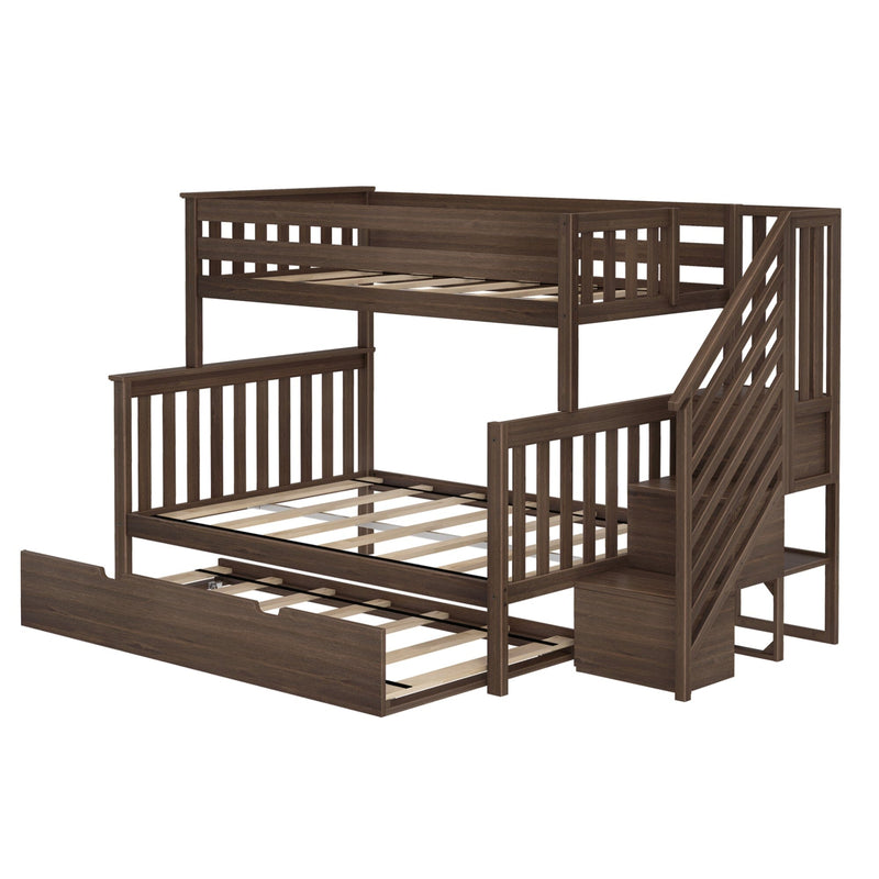 Dark brown wooden loft bunk bed with built-in staircase, slatted guardrails, wooden slat mattress supports and pull-out trundle drawer — space-saving children's bedroom furniture
