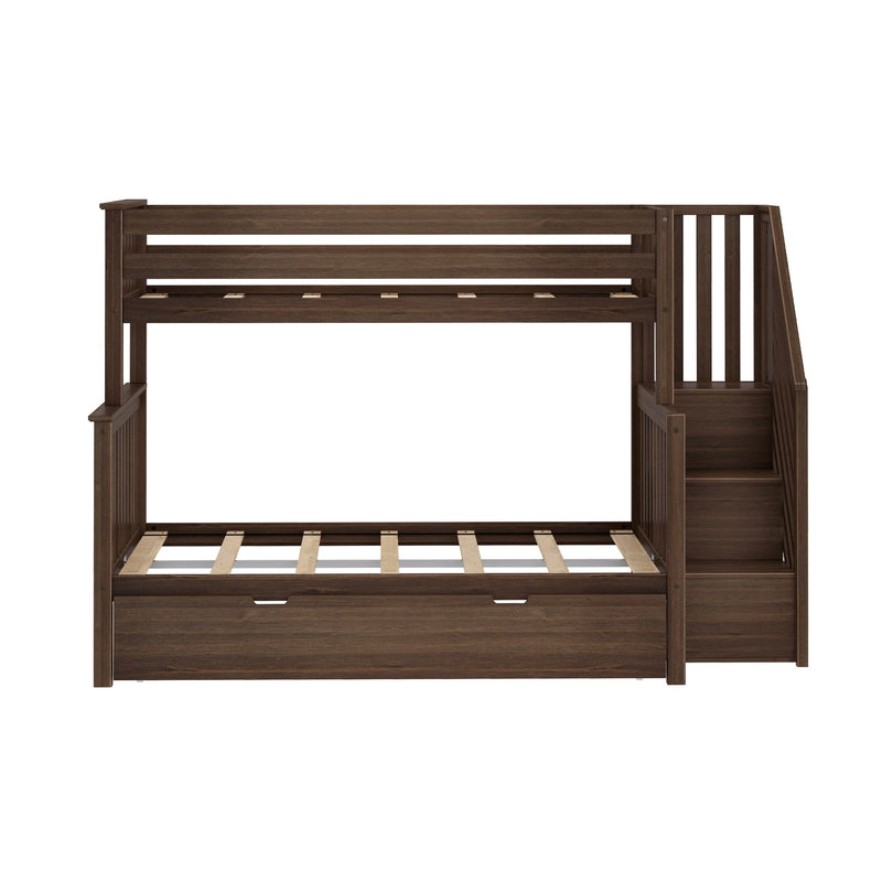 Solid wood twin loft bed frame with built-in staircase storage, slatted mattress support and under-bed pull-out drawer in dark walnut finish