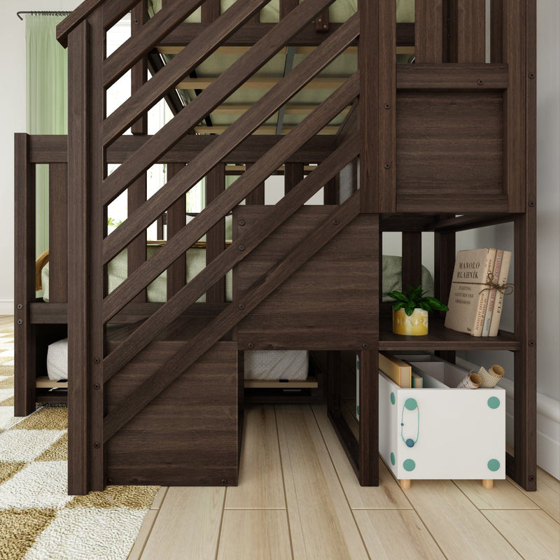 Dark wood loft bunk bed with diagonal staircase railing, built-in cubby storage, toy box and green accents in kids' bedroom