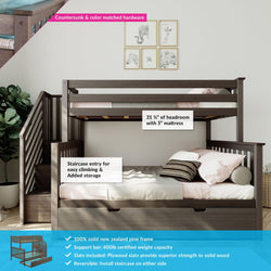 Solid wood bunk bed with staircase entry, storage drawers, and New Zealand pine frame, certified 400lb weight capacity with plywood slats and reversible installation.