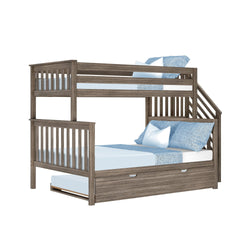 Wooden bunk bed with storage drawers and blue bedding set.
