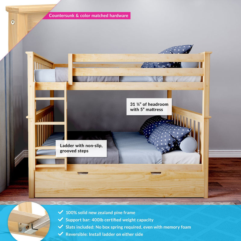 Solid New Zealand pine bunk bed with pull-out trundle drawer, left-side ladder with non-slip grooved steps, countersunk color-matched hardware, 31 1/4 in headroom (with 5 in mattress), 400 lb support bar and included slats — durable kids' wooden bunk for children's bedroom