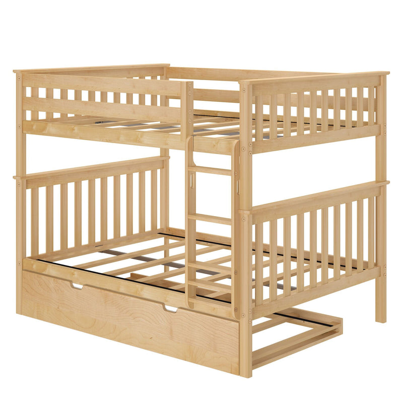 Light natural wood bunk bed with built-in ladder, slatted safety rails and pull-out underbed trundle drawer — solid-wood modern design