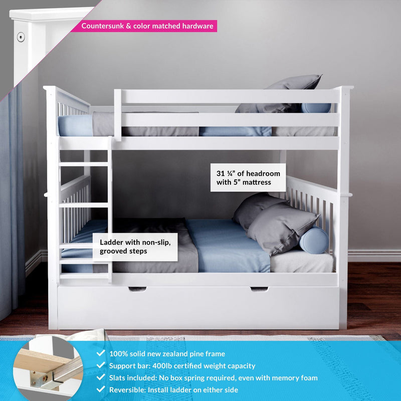 White twin-over-twin solid pine bunk bed with ladder and safety guardrails, under-bed pull-out storage drawer and blue-gray bedding in a kids’ bedroom
